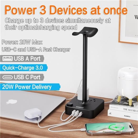 Headphone Stand with USB Charger Desktop Gaming Headset Holder Hanger - Picture 2 of 5